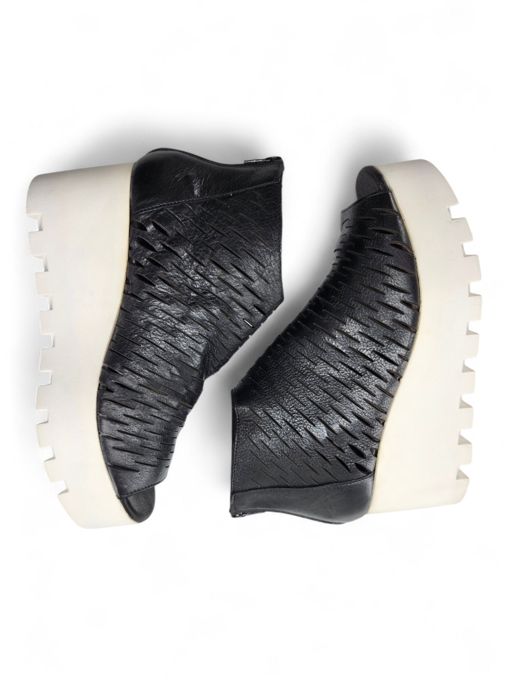 8100 Melrose Black Slit Leather Peep-Toe Ankle Back-Zip Wedge Sandals Italy - Picture 10 of 13